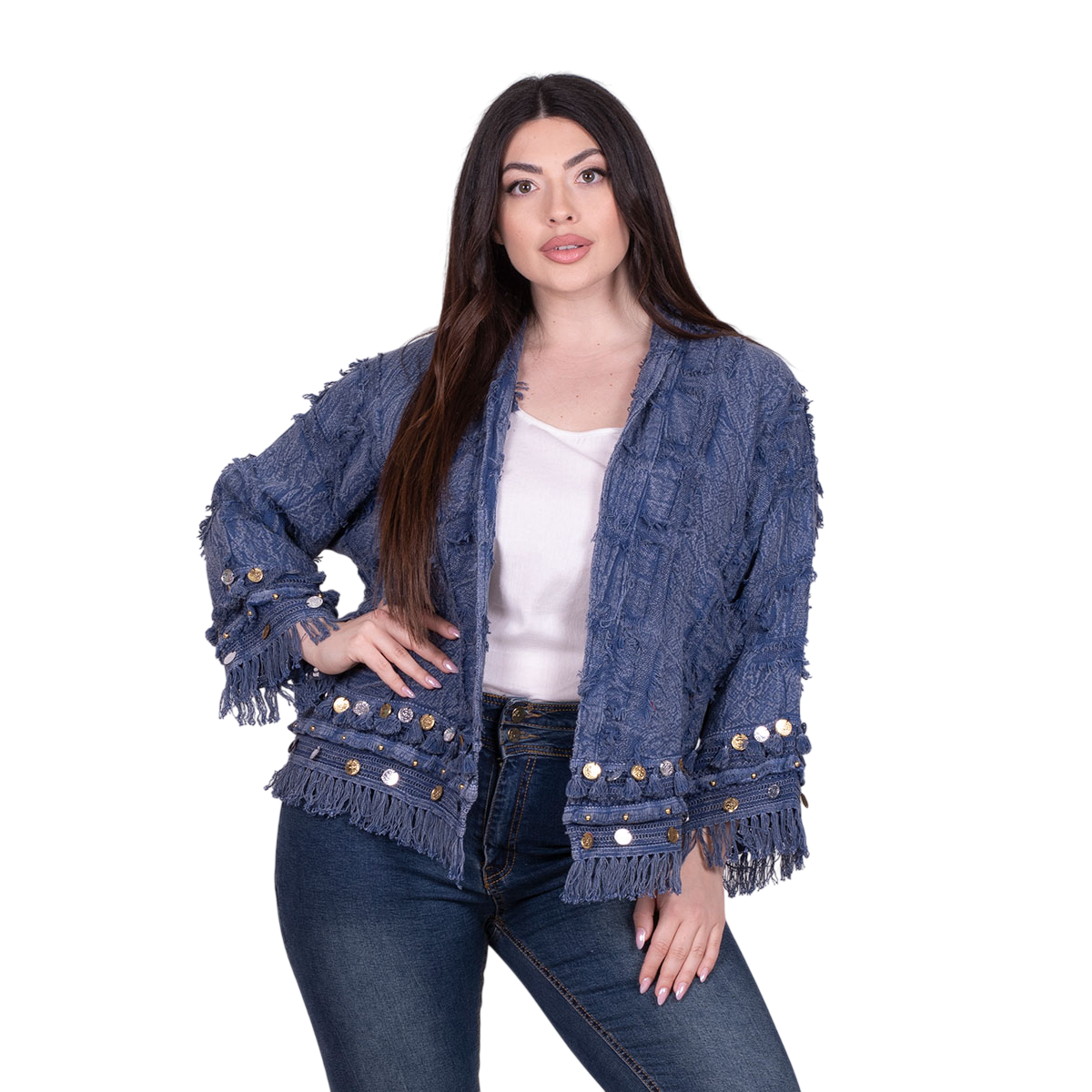 Platinum Σακάκι Blue Denim Γυναικείο Casual Κοντό Με Ανάγλυφο Σχέδιο All Day Free Size - CNA-6-J