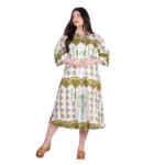 Platinum Φόρεμα Λαδί - Λευκό Με Boho Σχέδια Γυναικείο Midi Τρουακάρ Μακρύ Λινό Με Βαμβάκι - KR82409