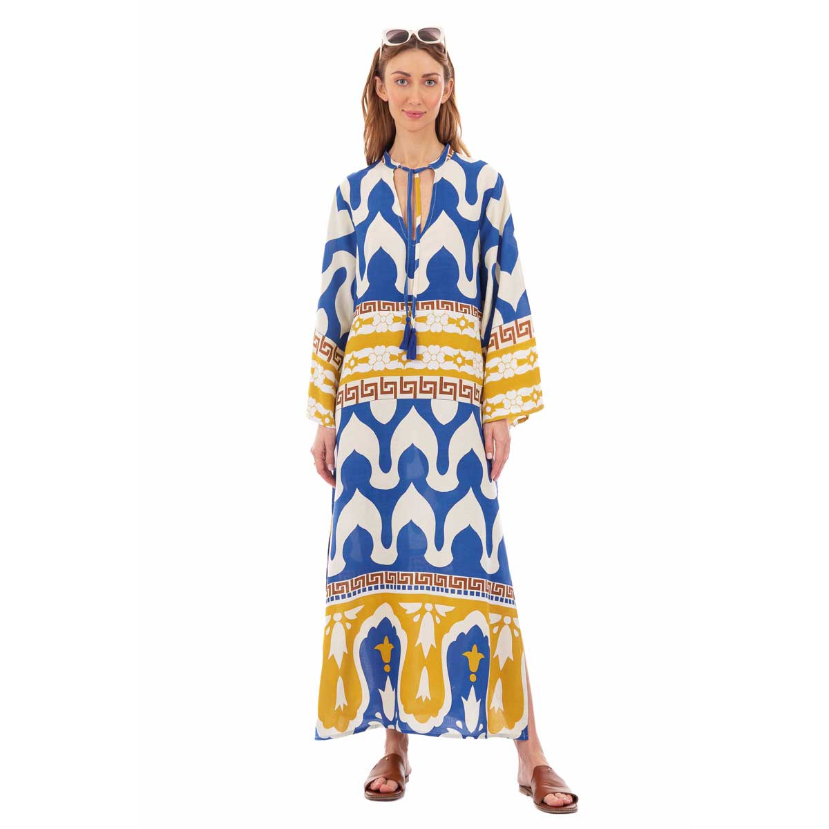 Platinum Καφτανοφόρεμα Μπλε Ρούα Με Boho Χρωματιστά Σχέδια Γυναικείο Μακρύ Free Size - NA12608