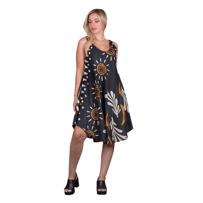 Platinum Φόρεμα Μαύρο Γυναικείο Umbrella Midi Με Γήινα Print All Day Free Size - FS22507
