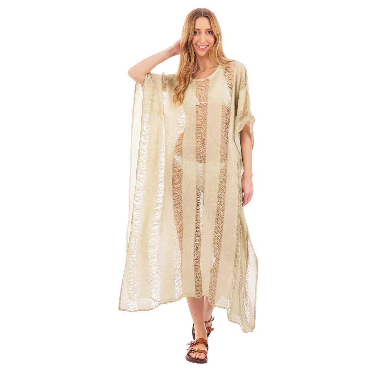 Platinum Καφτάνι Μπεζ Γυναικείο Με Σχέδια Υφαντό Maxi Free Size - 52601