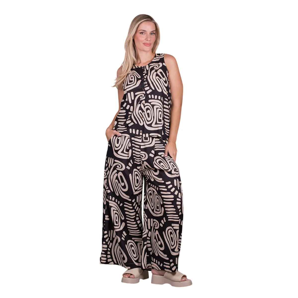 Platinum Παντελόνα Μαύρη Με Εκρού Boho Σχέδια Γυναικεία Αέρινη Με Λάστιχο All Day Free Size - 72661-18
