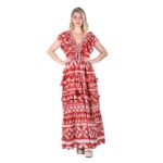 Platinum Φόρεμα Κεραμιδί Με Λευκά Boho Σχέδια Γυναικείο Μακρύ Αμάνικο Klos Με Βολάν Free Size - 92412-TR - Image 3