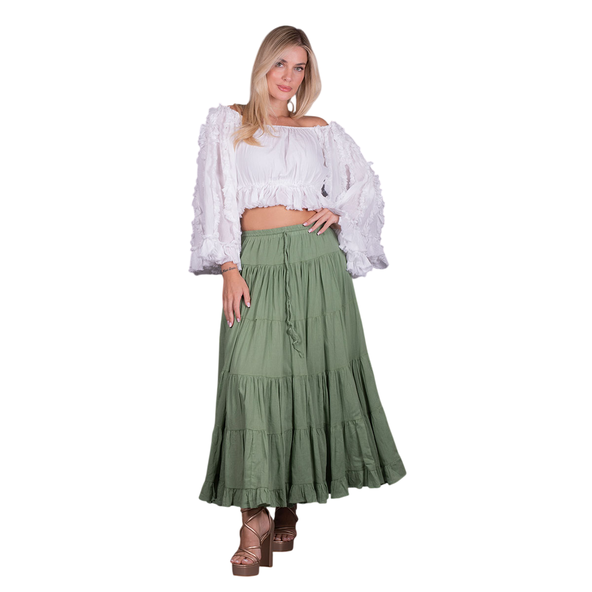 Platinum Φούστα Πράσινη Γυναικεία Maxi Ρομαντική Klos All Day Free Size - SAR-62102-GR
