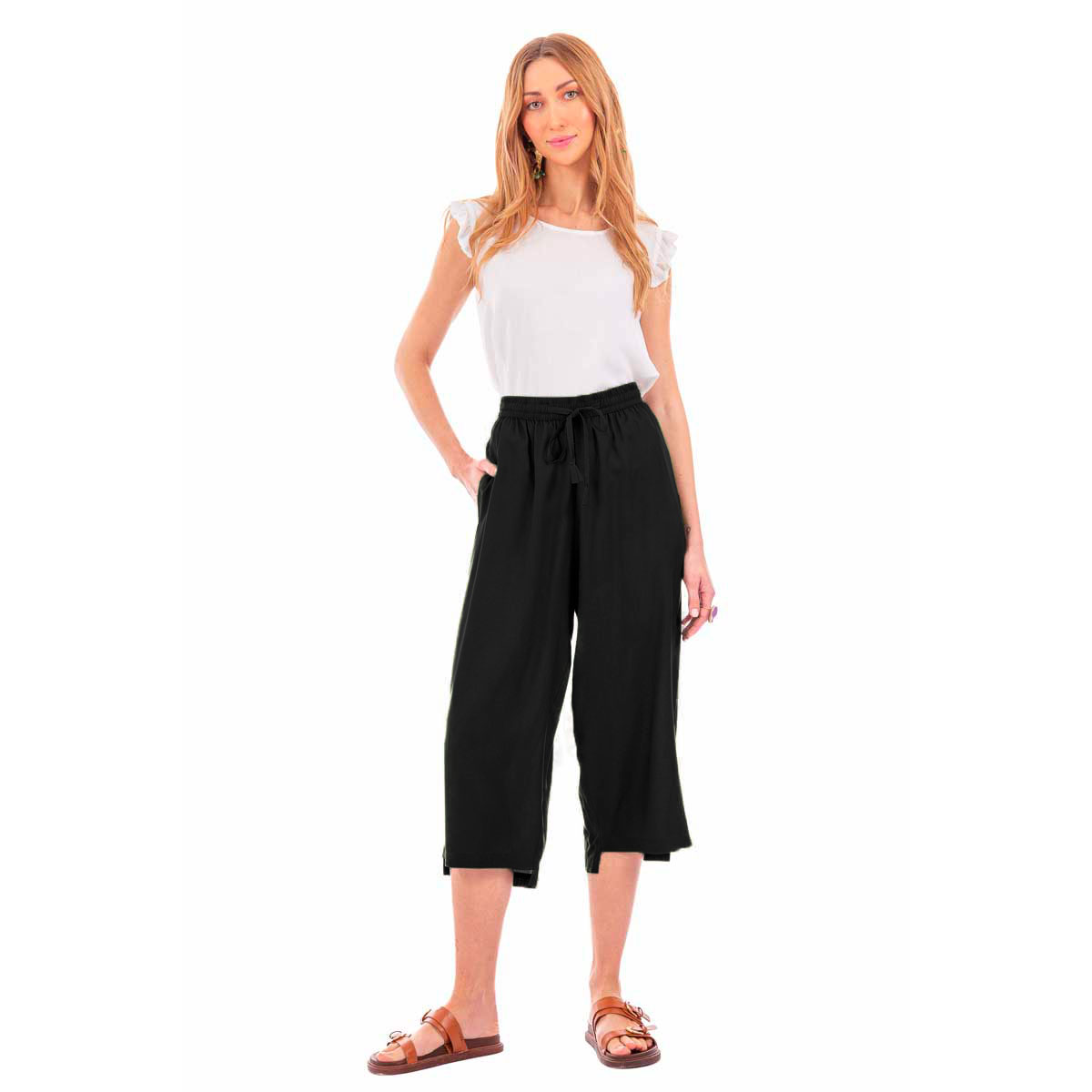 226111-BC Platinum Παντελόνι Crop Μαύρο Γυναικείο Με Λάστιχο Casual All Day Free Size - 226111-BC - Image 1