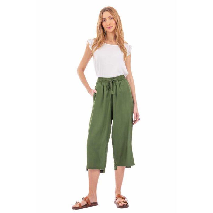 Platinum Παντελόνι Crop Λαδί Γυναικείο Με Λάστιχο Casual All Day Free Size - 226111