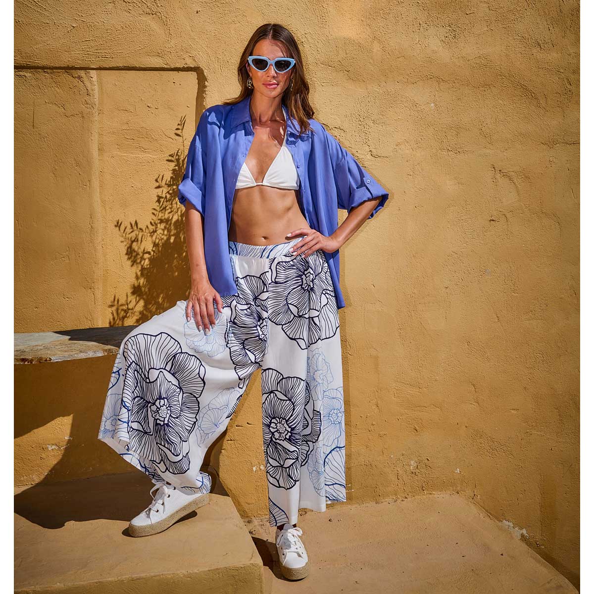 Platinum Ζιπ Κιλότ Λευκή Με Μπλε Floral Γυναικεία Αέρινη All Day Free Size - 22614