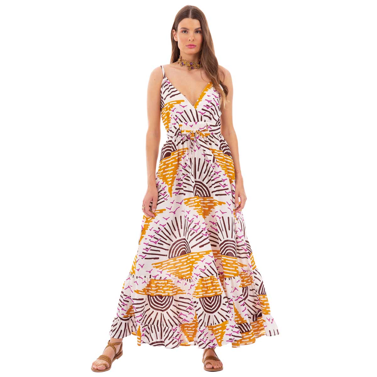 Platinum Φόρεμα Λευκό Έντονα Print Γυναικείo Boho Με Σχέδια Γυναικείο Μακρύ Εξώπλατο All Day Free Size - 22628