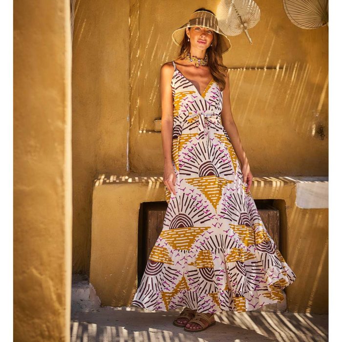 Platinum Φόρεμα Λευκό Έντονα Print Γυναικείo Boho Με Σχέδια Γυναικείο Μακρύ Εξώπλατο All Day Free Size - 22628 - Image 4