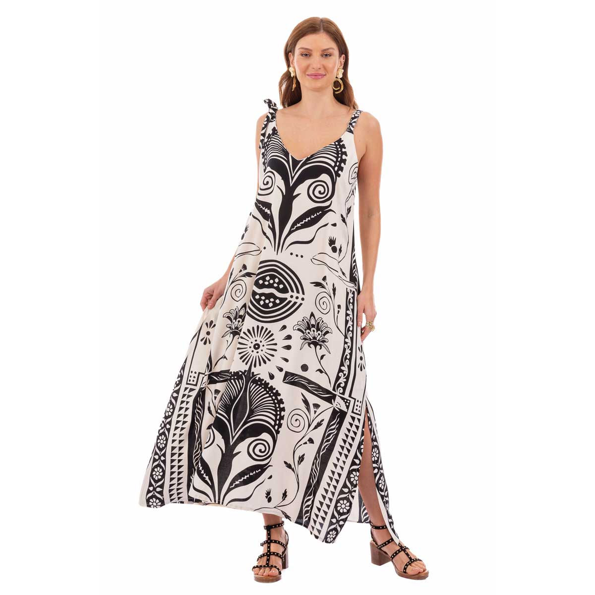 Platinum Φόρεμα Λευκό Γυναικείο Με Μαύρα Floral Maxi All Day Free Size - 22656