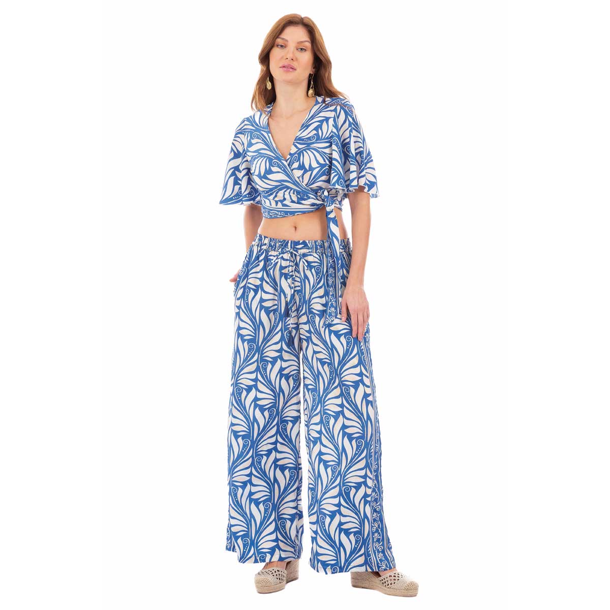 Platinum Παντελόνα Μπλε Με Εκρού Και Χρυσά Print Boho Γυναικεία All Day Free Size - 82607-34