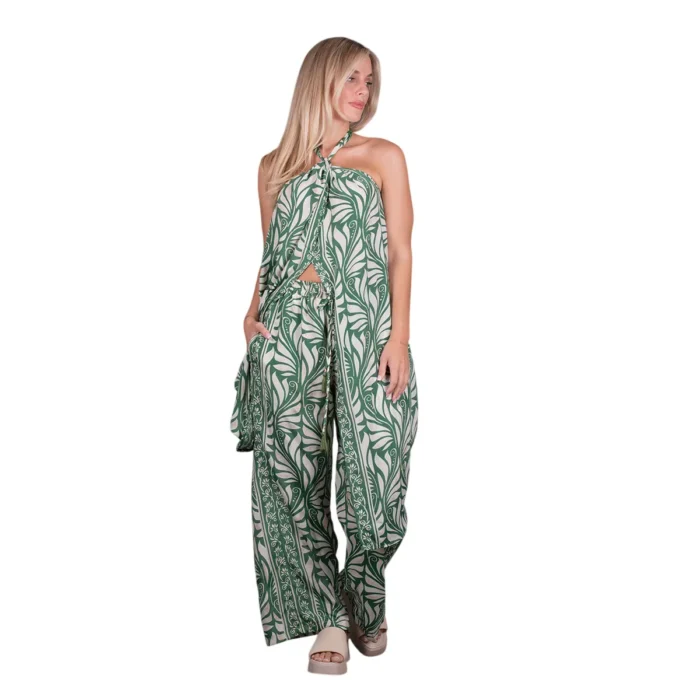 Platinum Παντελόνα Πράσινη Με Εκρού Και Χρυσά Print Boho Γυναικεία All Day Free Size - 82607-35