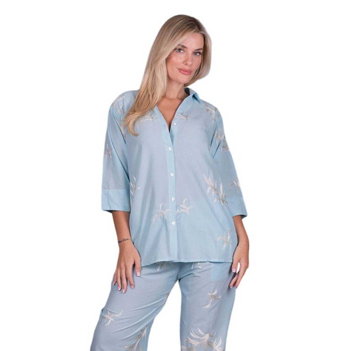 Platinum Πουκάμισο Light Blue Γυναικείο Με Γιακά Και Κέντημα Κοντομάνικο All Day Free Size - 92682-BL