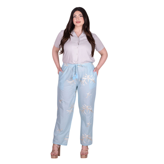 Platinum Παντελόνα Light Blue Με Εκρού Κεντητά Σχέδια Γυναικεία All Day Free Size - FS92683-BL
