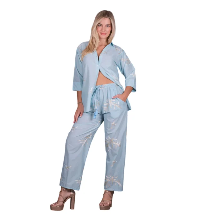Platinum Παντελόνα Light Blue Με Εκρού Κεντητά Σχέδια Γυναικεία All Day Free Size - 92683-BL