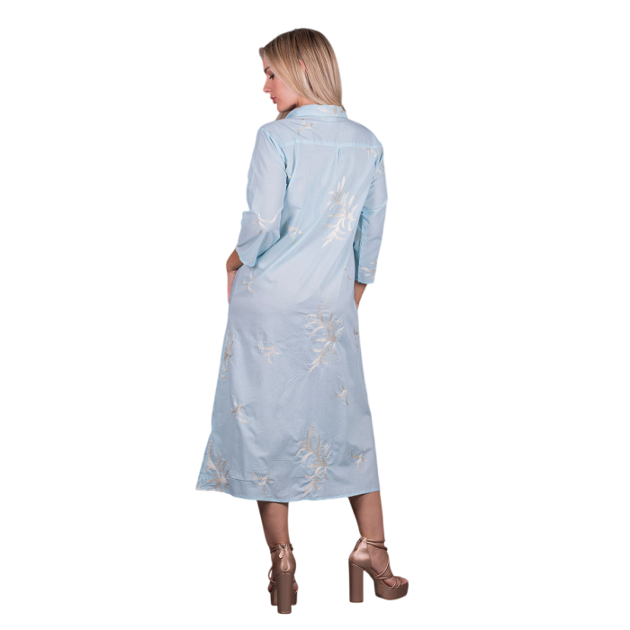Platinum Φόρεμα Light Blue Με Εκρού Κεντητό Σχέδιο Γυναικείο Μακρύ Τρουακάρ All Day Free Size - 92685-BL - Image 3