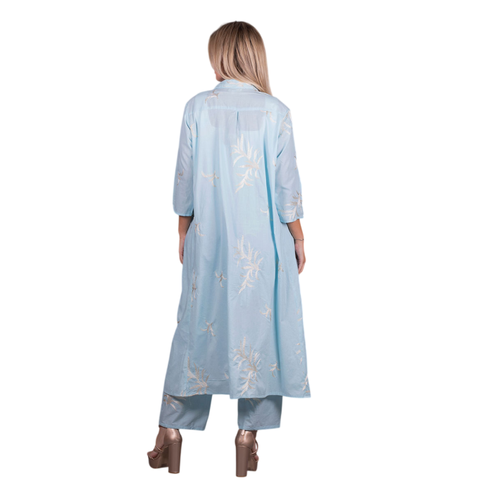 Platinum Πουκαμίσα Light Blue Με Εκρού Κεντητό Σχέδιο Γυναικεία Μακριά Τρουακάρ All Day Free Size - HR92685-BL - Image 3
