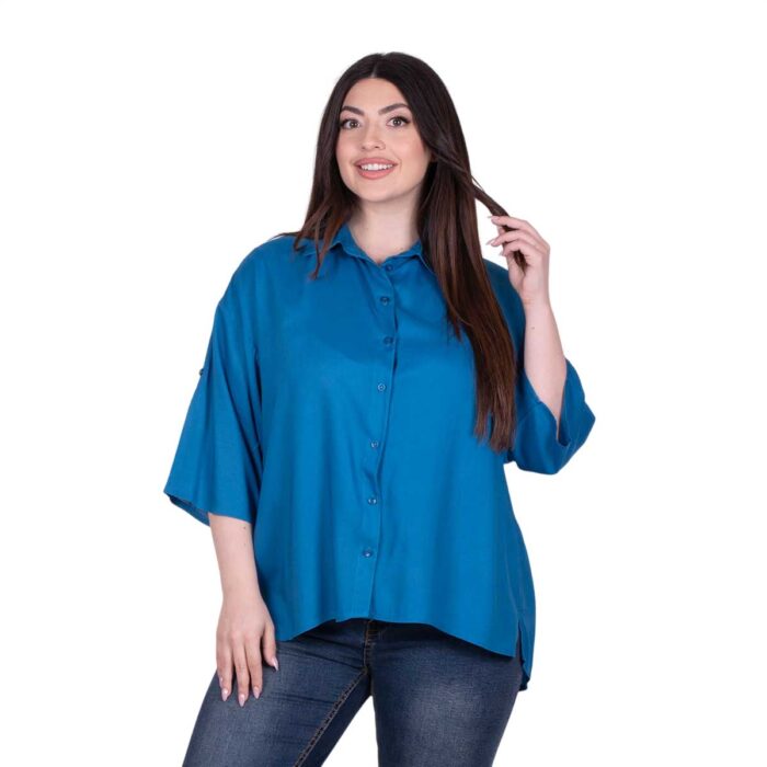 Platinum Πουκάμισο Μπλε Denim Γυναικείο Ασύμμετρο Με Μανίκι 3/4 Free Size - BL22303