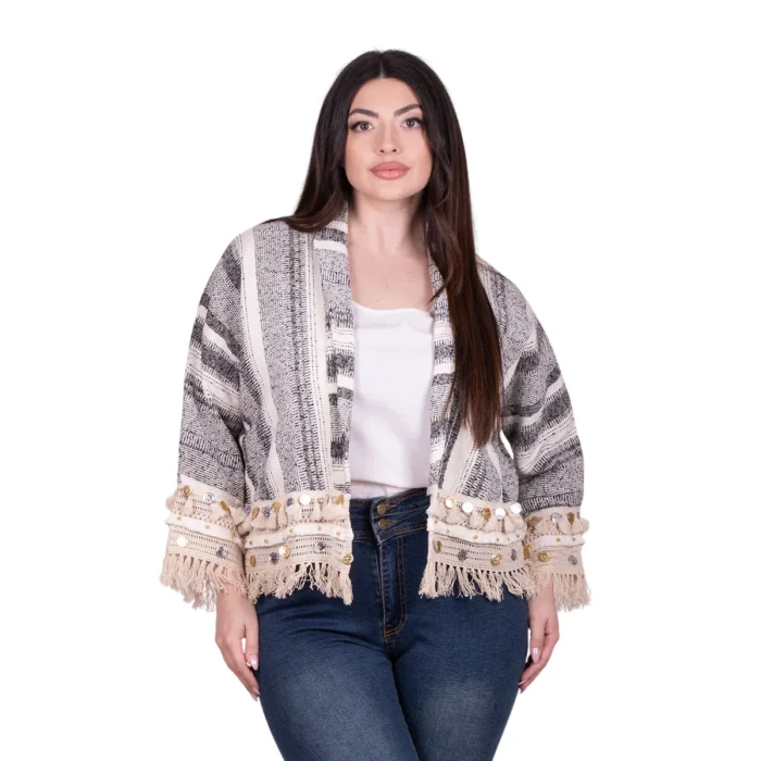 Platinum Σακάκι Λευκό Με Γκρι Ριγέ Σχέδια Γυναικείο Casual Κοντό Free Size – CNA-19-J