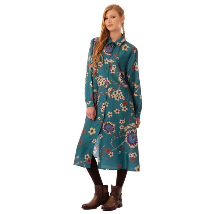 Platinum Φόρεμα Πετρολ Γυναικείο Με Floral & Κουμπιά All Day Free Size - 195-GU