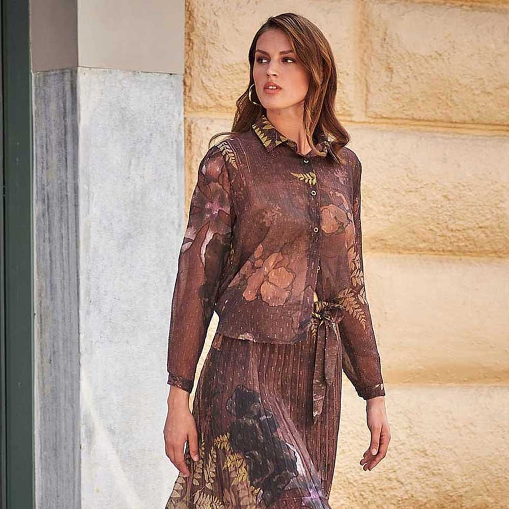 Platinum Πουκάμισο Καφέ Με Floral Σχέδια Και Lurex Γυναικείο Mακρυμάνικο All Day - 310-BR