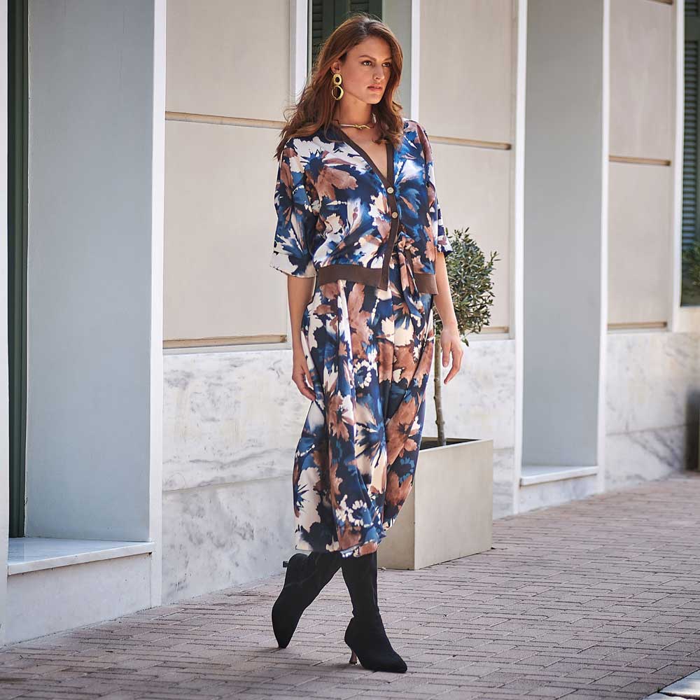Platinum Φούστα Μπλε Με Καφέ Floral Γυναικεία Μidi Λάστιχο All Day Free Size - 317-BL