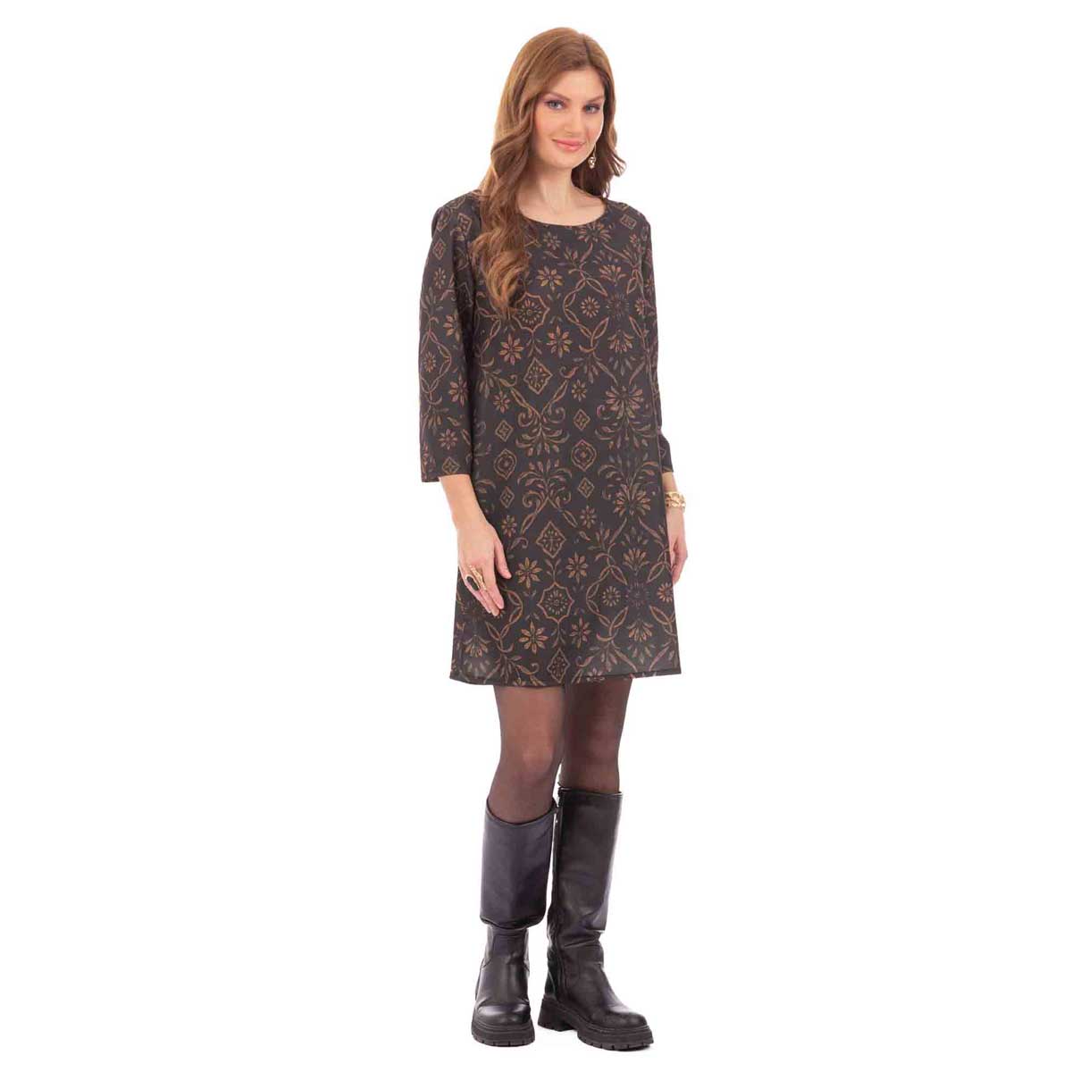 Platinum Φόρεμα Καφέ Με Ώχρα Floral Σχέδιο Γυναικείο Girly Εβαζέ All Day Free Size - 328-BR