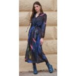 Platinum Φόρεμα Μπλε - Μωβ Floral Γυναικείο Μακρύ Lurex Μεσάτο Με Ζώνη All Day Free Size - 331-BL - Image 4