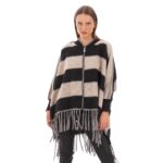 Platinum Poncho Μαύρο - Εκρού Γυναικείο Με Κρόσσια Και Φερμουάρ Free Size - 62592-BC