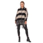 Platinum Poncho Μαύρο - Εκρού Γυναικείο Με Κρόσσια Και Φερμουάρ Free Size - 62592-BC - Image 2