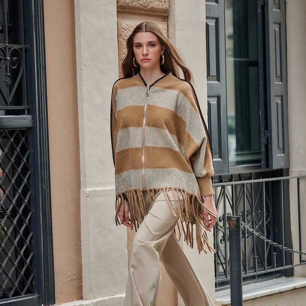 Platinum Poncho Μπεζ - Εκρού Γυναικείο Με Κρόσσια Και Φερμουάρ Free Size - 62592-BG