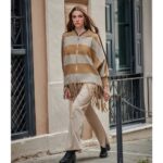 Platinum Poncho Μπεζ - Εκρού Γυναικείο Με Κρόσσια Και Φερμουάρ Free Size - 62592-BG - Image 3